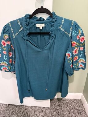 Umgee Teal Embroidered Puff-Sleeve Peasant Blouse